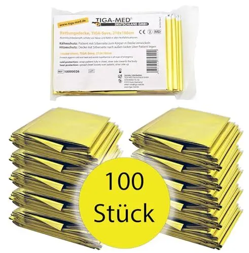 Produktbild: Tiga-Med Rettungsdecke Rettungsdecken 100er Set (= 100 Stück) Gold/Silber 210x160cm Rettungsfolie für Erste Hilfe
