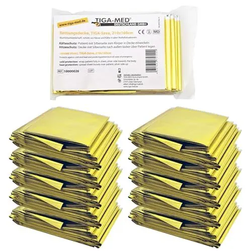 Produktbild: Tiga-Med Rettungsdecke Rettungsdecken 50er Set (= 50 Stück) Gold/Silber 210x160cm Rettungsfolie für Erste Hilfe Notfall Rettungsdienst