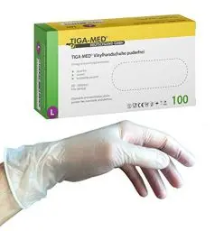 Produktbild: Tiga-Med Vinylhandschuhe puderfrei Größe: Large Einmalhandschuhe aus Vinyl 100 Stück Einweg- Handschuhe ohne Latex