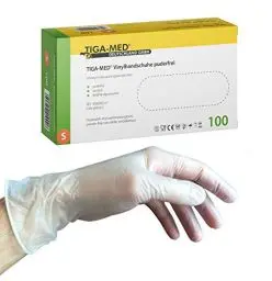 Produktbild: Tiga-Med Vinylhandschuhe puderfrei Größe: Small Einmalhandschuhe aus Vinyl 100 Stück Einweg- Handschuhe ohne Latex