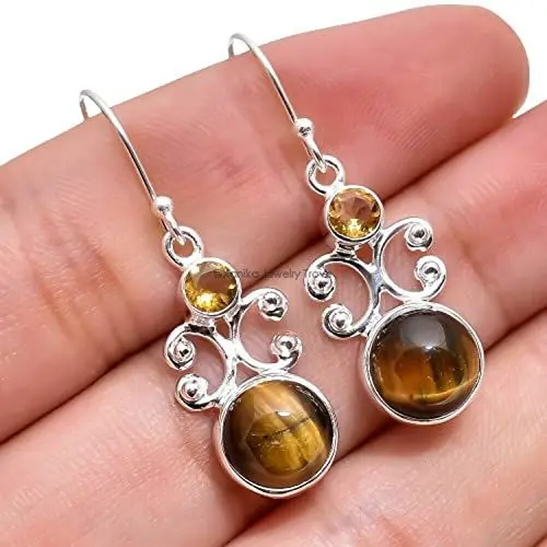 Produktbild: Tigerauge, Citrin-Edelstein-Sterlingsilber-Tropfen-Ohrringe für Frauen und Mädchen, Ohrhaken-Ohrringe mit Lünette, braune Brautjungfern-Ohrringe, Weihnachtsgeschenk