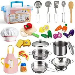 Produktbild: Tigerhu Küchenspielzeug Zubehör, Kinderküche Zubehör Holz, Spielküche Zubehör Lebensmittel Spielzeug Edelstahl Pfannenset Schürze Puppenküche Backformen, Rollenspiele Mädchen und Jungen