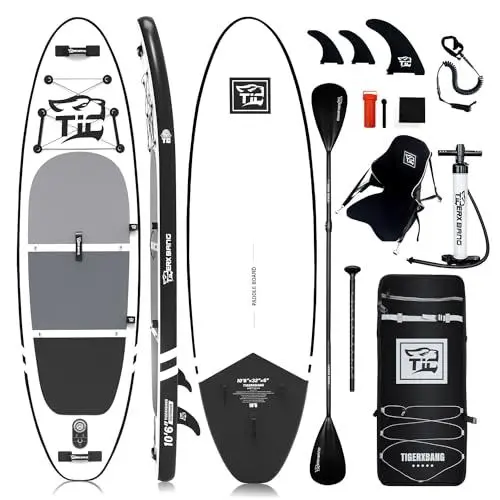 Produktbild: TIGERXBANG SUP Boards Stand Up Paddling Board 320x82x15cm, aufblasbare Paddle-Boards mit Doppelschläger-Paddel, Kajak-Sitz, Defender-Pro-Kollektion Schwarz