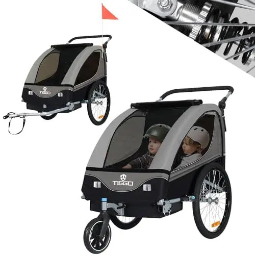Produktbild: Tiggo S2 Kinderanhänger mit Federung Jogger 2 in 1 Kinder Buggy fahrradanhänger Anhänger 360° Drehbar (Grau)