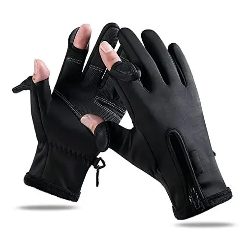 Produktbild: RPGJSLKF Angelhandschuhe, warm, gepolstert, verdickend, Touchscreen, 2 geschnittene Finger, wasserdichte Fahrradhandschuhe, Schwarz, für Outdoor-Aktivitäten (L)