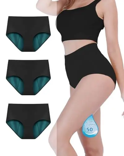 Produktbild: TIICHOO Periodenunterschwäsche Starke Blutung Hohe Taille Unterhosen Damen Bequem Menstruationsunterwäsche 3er Pack (XXL, 3 Schwarz)