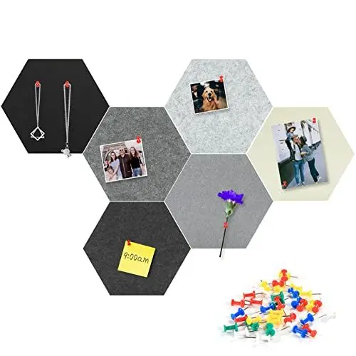 Produktbild: Tikea Filz Pinnwand - 6 Stück Memotafeln Große, 30 * 26 * 7,5cm Dick Sechseckig Memoboard mit 15 Druckstiften für Kinderzimmer Klassenzimmer Büro und Arbeitszimmer, Schwarz, Grau, Mehrfarbig