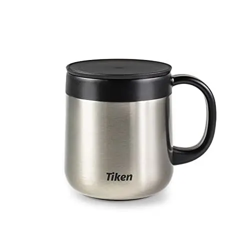 Produktbild: Tiken 340ml Thermobescher Edelstahl Kaffeebecher mit Henkel & Deckel für Büro Schreibtisch Arbeit