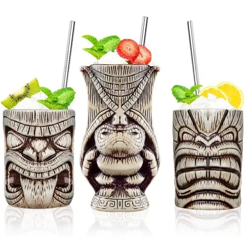 Produktbild: Tiki Becher Set - Cocktail Gläser, Set Mit 3 Keramik-Tassen für Exotische Party, Bar