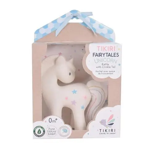Produktbild: Tikiri 8595603 - Kautschuk Babyrassel, Einhorn Zuckerwatte mit Knister-Schweif, Naturkautschuk, Rassel für Babys und Kleinkinder ab 0+ Monaten