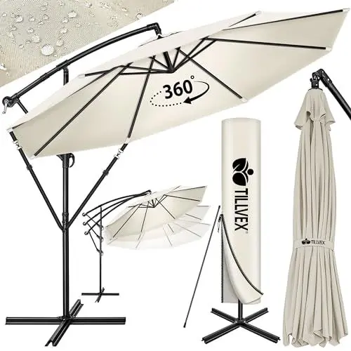 Produktbild: tillvex Alu Sonnenschirm + Abdeckung Ø 300 cm mit Kurbel | Ampelschirm mit Ständer & Windschutz | Gartenschirm UV-Schutz Aluminium | Kurbelschirm Marktschirm wasserdicht 360° drehbar