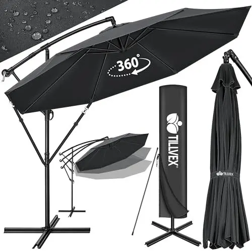 Produktbild: tillvex Alu Sonnenschirm + Abdeckung Ø 350 cm mit Kurbel | Ampelschirm mit Ständer & Windschutz | Gartenschirm UV-Schutz Aluminium | Kurbelschirm Marktschirm wasserdicht 360° drehbar Anthrazit