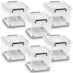 Produktbild: tillvex® Aufbewahrungsboxen mit Deckel 6er Set - 27 Liter, lebensmittelecht | Kunststoff Boxen Set stapelbar | Aufbewahrung Ordnungssystem Box groß | Aufbewahrungsbox Kleiderboxen 100% Neumaterial
