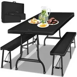 Produktbild: tillvex® Bierzeltgarnitur klappbar 3-teilig Set | Kunststoff Gartengarnitur wetterfest 180 cm | Gartenmöbel Set Indoor & Outdoor mit Gartentisch und Bänken | Festzeltgarnitur (Black)
