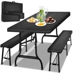 Produktbild: tillvex® Bierzeltgarnitur klappbar 3-teilig Set | Kunststoff Gartengarnitur wetterfest 180 cm | Gartenmöbel Set Indoor & Outdoor mit Gartentisch und Bänken | Festzeltgarnitur Rattan-Optik (Schwarz)