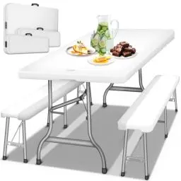 Produktbild: tillvex® Bierzeltgarnitur klappbar 3-teilig Set | Kunststoff Gartengarnitur wetterfest 180 cm | Gartenmöbel Set Indoor & Outdoor mit Gartentisch und Bänken | Festzeltgarnitur (Weiß)