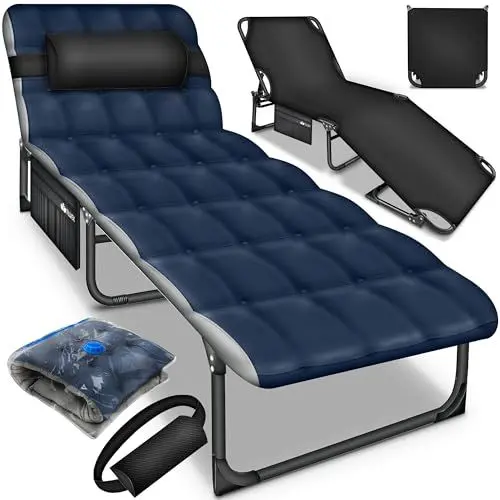 Produktbild: tillvex® Campingbett klappbar mit Nackenkissen & Seitentasche bis 280 kg | Campingliege Sonnenliege mit Polster | Feldbett Outdoor & Indoor | Klappbett Gästebett faltbar Garten Camping Festival Reise