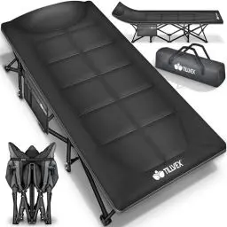 Produktbild: tillvex® Campingbett klappbar mit Tragetasche bis 280 kg | Campingliege extra breit | Feldbett Karpfenliege für Outdoor & Indoor | Klappbett Gästebett faltbar Garten Camping Angeln Festival Reise
