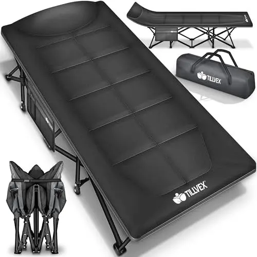Produktbild: tillvex® Campingbett klappbar mit Tragetasche bis 200 kg | Campingliege extra breit | Feldbett Karpfenliege für Outdoor & Indoor | Klappbett Gästebett faltbar Garten Camping Angeln Festival Reise
