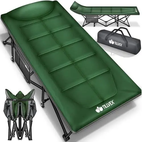 Produktbild: tillvex® Campingbett klappbar mit Tragetasche bis 280 kg | Campingliege extra breit | Feldbett Karpfenliege für Outdoor & Indoor | Klappbett Gästebett faltbar Garten Camping Angeln Festival Reise