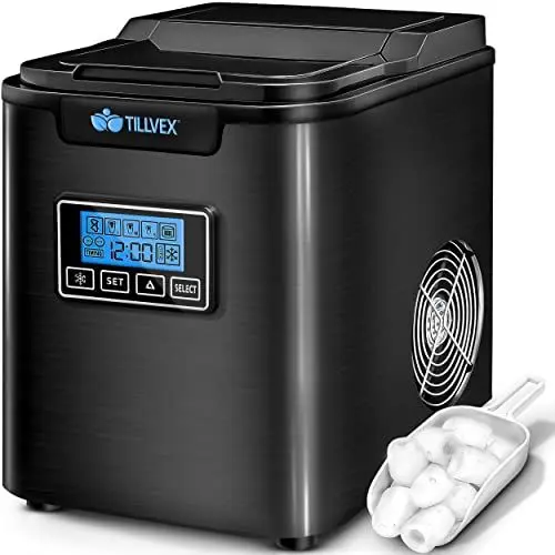 Produktbild: tillvex Eiswürfelmaschine Edelstahl 12 kg - 24 h | Eiswürfelbereiter mit Timer und 2,2 Liter Wassertank | Ice-Maker LCD-Display & Selbstreinigungsfunktion | 3 Eiswürfel Größen (Schwarz)