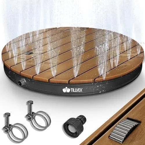 Produktbild: tillvex® Gartendusche Outdoor bis 4 m Fontänenhöhe | Bodendusche rechteckig & rund mit Fußrad | Außendusche rutschfest | Saunadusche wetterfest | Campingdusche Aluminium/WPC (Anthrazit - Rund)