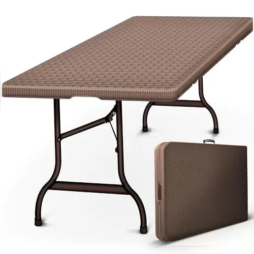 Produktbild: tillvex Gartentisch klappbar Rattan Optik 180x75cm | Buffettisch mit Tragegriff | Klapptisch für Garten Terrasse und Balkon | Campingtisch 6 Personen