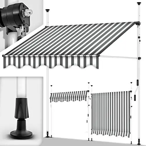 Produktbild: tillvex Klemmmarkise mit Handkurbel Balkon | Balkonmarkise ohne Bohren | Markise UV-beständig & höhenverstellbar | Sonnenschutz wasserdicht (Grau-Weiß, 250cm)