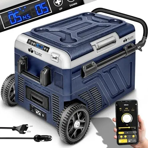 Produktbild: tillvex® Kompressor Kühlbox mit Akku elektrisch 50 Liter | Elektrische Gefrierbox mit WIFI-APP-Steuerung USB-Anschluss 12/24V 230V | Kühlschrank bis -20°C für Auto, Lkw, Boot, Reisemobil, Camping
