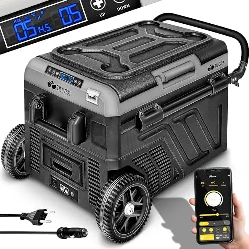 Produktbild: tillvex® Kompressor Kühlbox mit Akku elektrisch 60 Liter | Elektrische Gefrierbox mit WIFI-APP-Steuerung USB-Anschluss 12/24V 230V | Kühlschrank bis -20°C für Auto, Lkw, Boot, Reisemobil, Camping