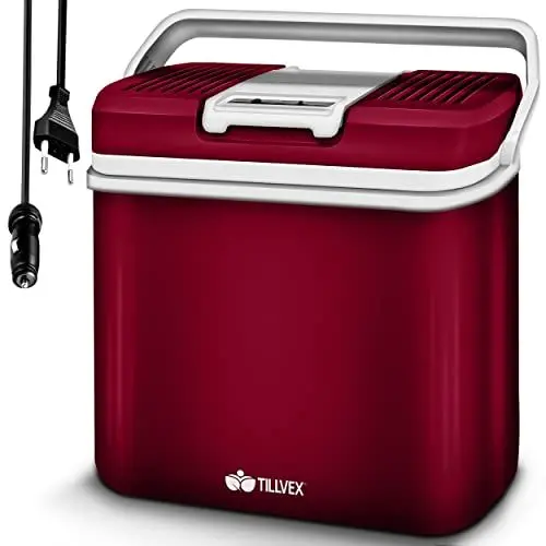 Produktbild: tillvex Kühlbox elektrisch 24L | Mini-Kühlschrank 230 V und 12 V für KFZ Auto Camping | kühlt & wärmt | ECO-Modus (Rot)