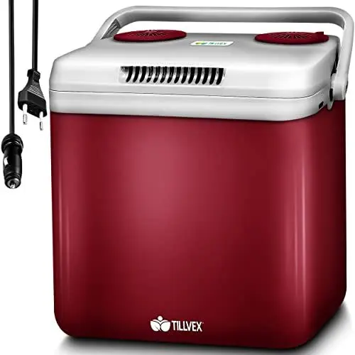 Produktbild: tillvex Kühlbox elektrisch 32L | Mini-Kühlschrank 230 V und 12 V für KFZ Auto Camping | kühlt & wärmt | ECO-Modus (Rot)