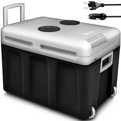 Produktbild: tillvex Kühlbox elektrisch 40L mit Rollen | Mini-Kühlschrank 230 V und 12 V für KFZ Auto Camping | kühlt & wärmt | ECO-Modus (Anthrazit)