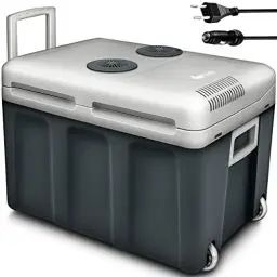 Produktbild: tillvex Kühlbox elektrisch 40L mit Rollen | Mini-Kühlschrank 230 V und 12 V für KFZ Auto Camping | kühlt & wärmt | ECO-Modus (Grau)