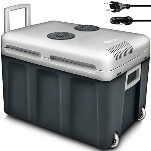 Produktbild: tillvex Kühlbox elektrisch 40L mit Rollen | Mini-Kühlschrank 230 V und 12 V für KFZ Auto Camping | kühlt & wärmt | ECO-Modus (Grau)