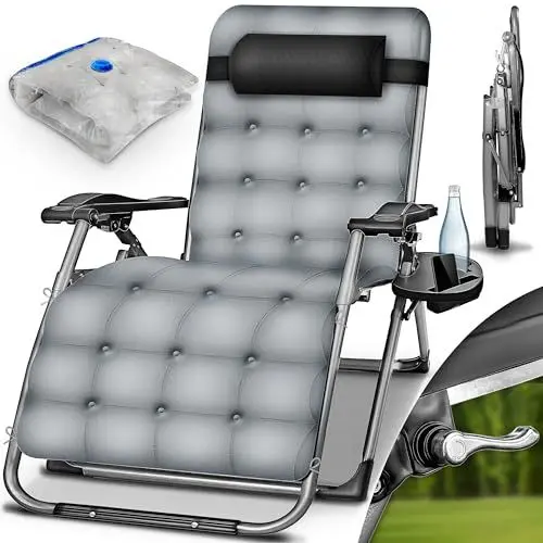 Produktbild: tillvex® Liegestuhl klappbar bis 200kg | Sonnenliege Gartenliege wetterfest Balkon, Garten & Terrasse | Outdoor Liege verstellbar mit dickem Polster | Relaxliege Nackenkissen, Getränkehalter & Auflage