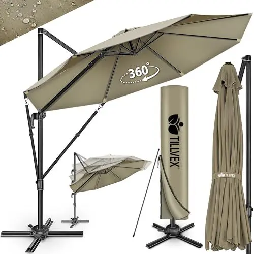 Produktbild: tillvex® Premium Alu Sonnenschirm 330 cm + Abdeckung & Windsicherung | Ampelschirm 6-Fach verstellbar mit Kurbel | Gartenschirm 360° Drehbar Neigbar Kippbar | UV50+ wasserdicht