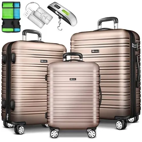 Produktbild: tillvex® Reisekoffer Set 3-TLG. mit Gepäckwaage, 6X Koffergurte und 3X Kofferanhänger | Hartschale Kofferset 4 Rollen | Trolley Gepäck Koffer mit TSA Schloss | Rollkoffer Hartschalenkofferset M-L-XL