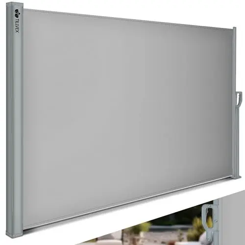Produktbild: tillvex® Seitenmarkise 180 x 300 cm ausziehbar & Blickdicht | Sichtschutz für Balkon, Garten & Terrasse | Seitenrollo mit Wandhalterung | Sonnenschutz aus rostfreiem Stahl | Markise Windschutz