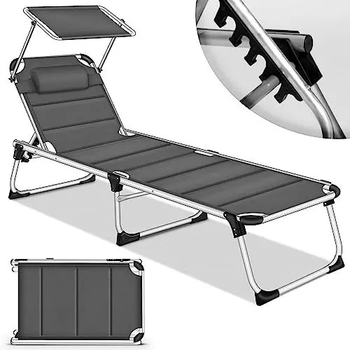Produktbild: tillvex® Sonnenliege mit Dach und Kopfkissen | Gartenliege Liegestuhl klappbar | Strandliege mit Verstellbarer Rückenlehne | Aluminium Liege (Anthrazit - mit Polster Premium)