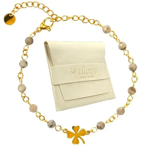 Produktbild: Tilove Armband aus Naturstein, Labradorit, Heilstein für Damen mit Kleeblatt, Glücksbringer, aus Edelstahl, entworfen in Frankreich, Chakra-Armband, Wohlbefinden, Geschenkidee für Damen, Damen, 16cm +