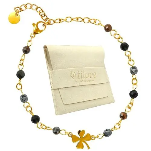 Produktbild: Tilove Armband aus Naturstein, dreifacher Schutz, Heilstein für Damen, mit Kleeblatt, Glücksbringer, Edelstahl, Tigerauge, schwarzer Obsidian, Hämatit, Chakra-Armband, Geschenkidee, 16cm + 5cm