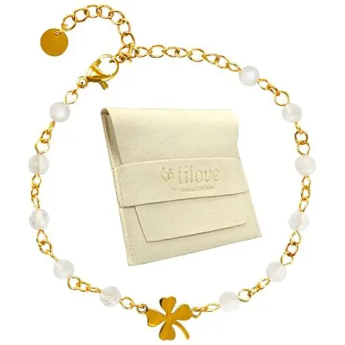 Produktbild: Tilove – Armband aus natürlichem Mondstein – Heilstein für Damen mit Kleeblatt Glücksbringer aus Edelstahl. Entworfen in Frankreich. Chakra-Armband für Wohlbefinden. Geschenkidee für Damen, Damen,
