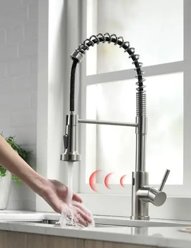 Produktbild: TIMACO Infrarot Sensor Wasserhahn Küche Mit Ausziehbare Brause Küchenarmatur 360° Schwenkbar Mischbatterien für Küche Einhandmischer für Küchen Spiralfederarmatur Spültischarmatur,Gebürsteter Nickel