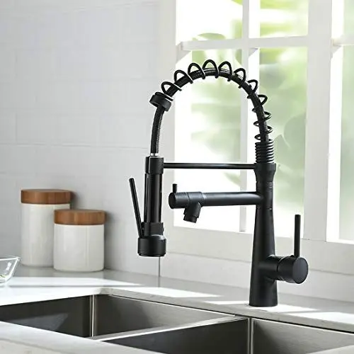 Produktbild: TIMACO Wasserhahn Küche Schwarz - 360° schwenkbar mit Spiralfeder Brause ausziehbar Gastro Hochdruck Küchenarmatur Spültischarmatur