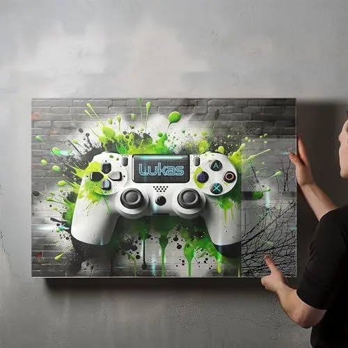Produktbild: timalo® Gaming Acryl-Wandbild personalisiertes Gamer Bild mit Namen aus Acrylglas - Glasbild gaming room für die Wand Jugendzimmer Acrylglasbild Acrylbild Glas | 80x60cm Graffiti Controller
