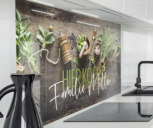 Produktbild: timalo Herd Spritzschutz Wand Spüle, Küche Küchenrückwand Glasoptik | Acryl Glas 2mm | Glasrückwand Acrylglas - personalisiert mit Namen - Rückwandschutz Platte | 100x50cm Kräuter Holzwand