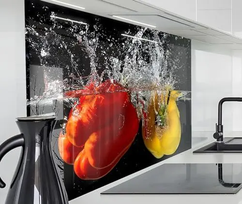 Produktbild: timalo Spritzschutz Wand für Herd, Küche Küchenrückwand Glasoptik | Acryl Glas 2mm | Glasrückwand Acrylglas Wandpaneele Rückwandschutz Platte | 60x40cm Bunte Paprika im Wasser