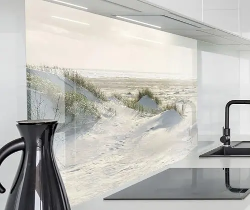 Produktbild: timalo Spritzschutz Wand für Herd, Küche Küchenrückwand Glasoptik | Acryl Glas 2mm | Glasrückwand Acrylglas Wandpaneele Rückwandschutz Platte | 80x50cm Meer Dünen Schilf