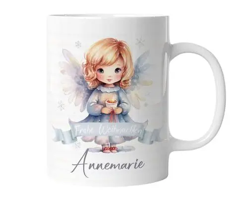 Produktbild: timalo® Tasse personalisiert mit Namen Geschenk „Frohe Weihnachten“ Kaffeetasse Jungen und Mädchen | Weihnachts Engel